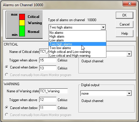 Set 2 alarm levels on each thermocouple